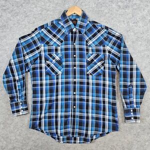 Plains Western Wear Men's Plaid Shirt Long Sleeve Blue Black‎ Size M Pearl Snaps